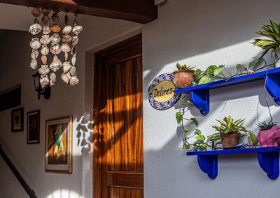 Alebrijes, or folk art sculptures, adorn the hallway on the ground floor.