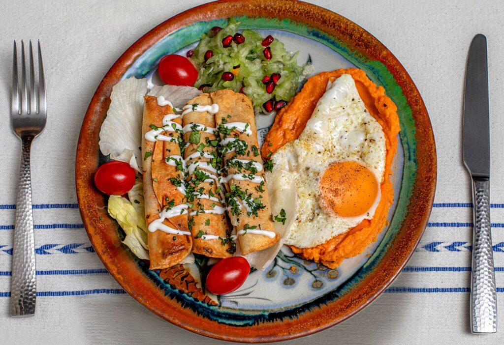 tacos dorados with sweet potato puree