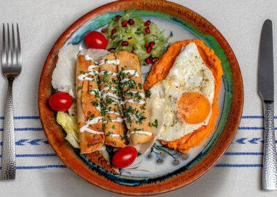 tacos dorados with sweet potato puree